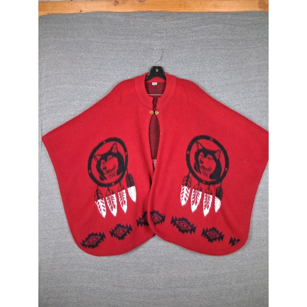 Ecuador Poncho Adult One Size Red Wolf Dreamcatcher Native Aztec Tribal Soft